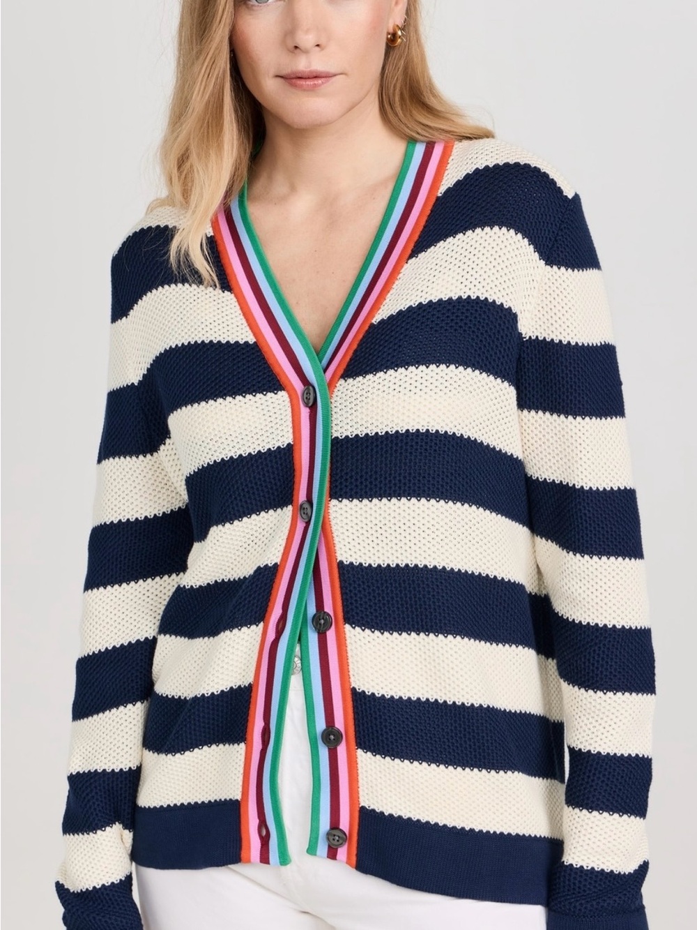 KULE Navy and Cream Striped V-Neck Button Cardigan with Multicolor Trim